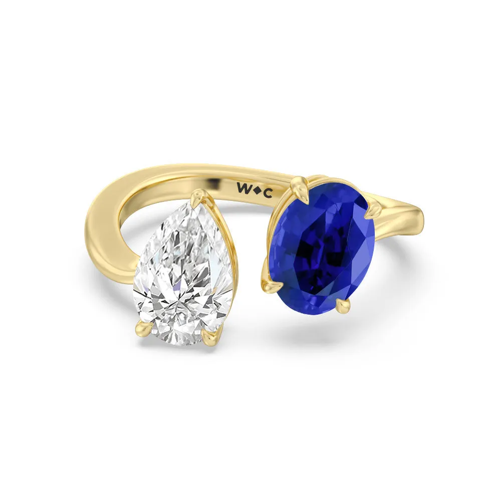 Toi Et Moi Created Sapphire Oval and Pear Diamond Curved Engagement Ring