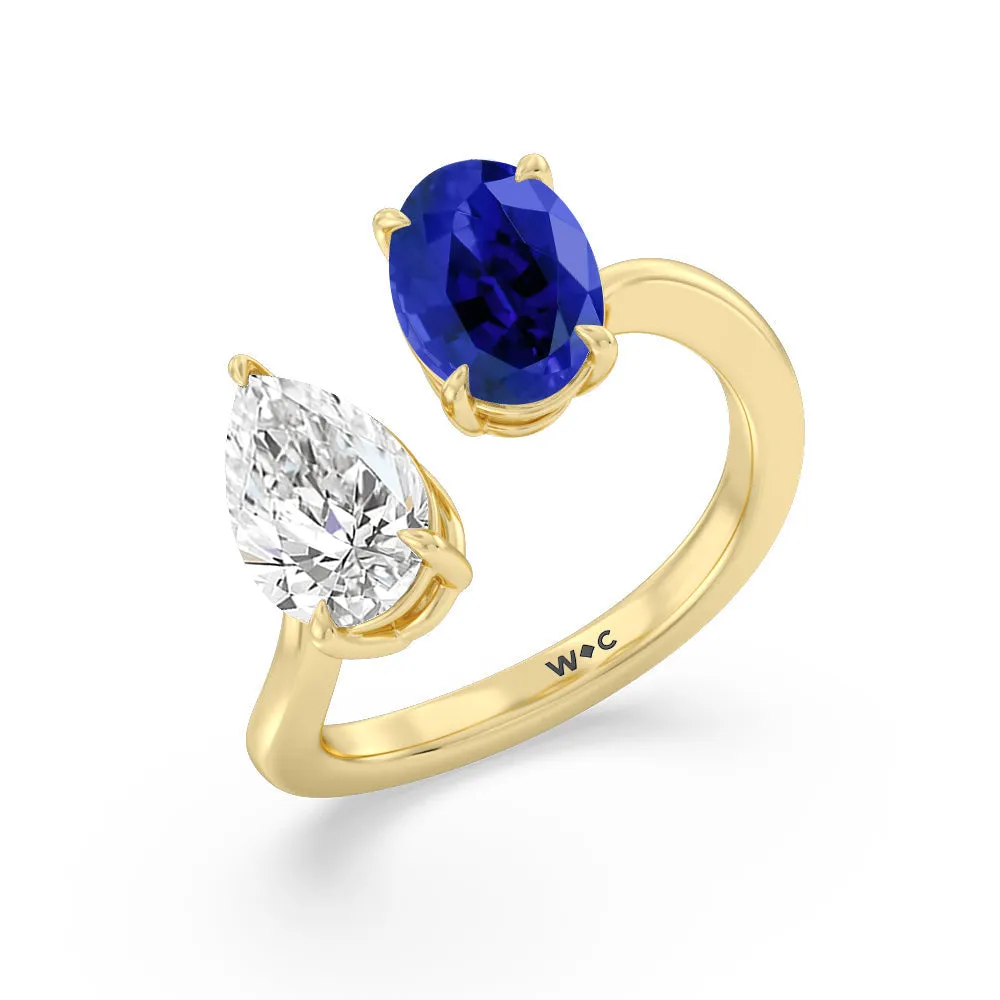 Toi Et Moi Created Sapphire Oval and Pear Diamond Curved Engagement Ring