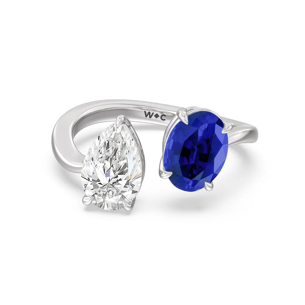 Toi Et Moi Created Sapphire Oval and Pear Diamond Curved Engagement Ring