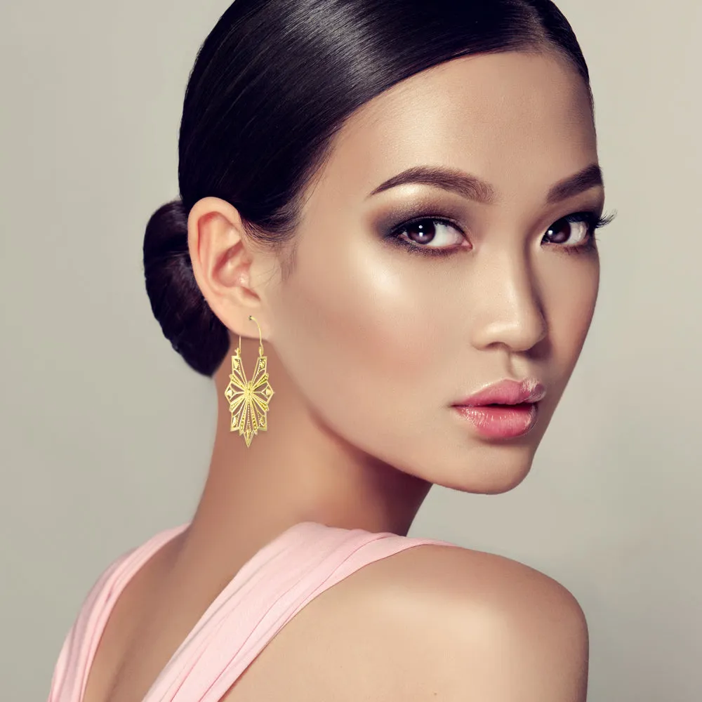 Vintage Geometric Gold Metal Hollow Flower Drop Earrings