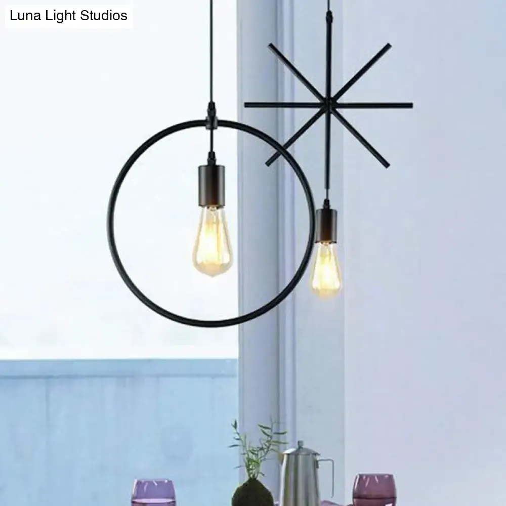 Vintage Geometric Pendant Light in Black - Metal Suspension Lighting for Living Room