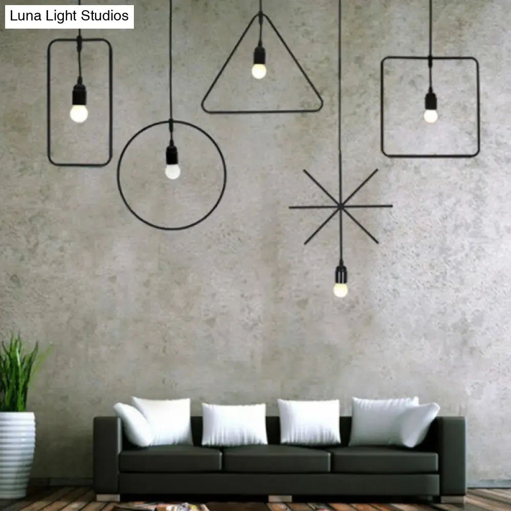 Vintage Geometric Pendant Light in Black - Metal Suspension Lighting for Living Room
