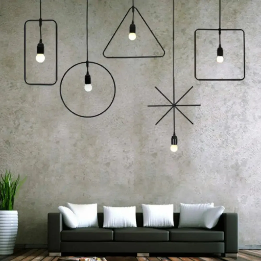 Vintage Geometric Pendant Light in Black - Metal Suspension Lighting for Living Room