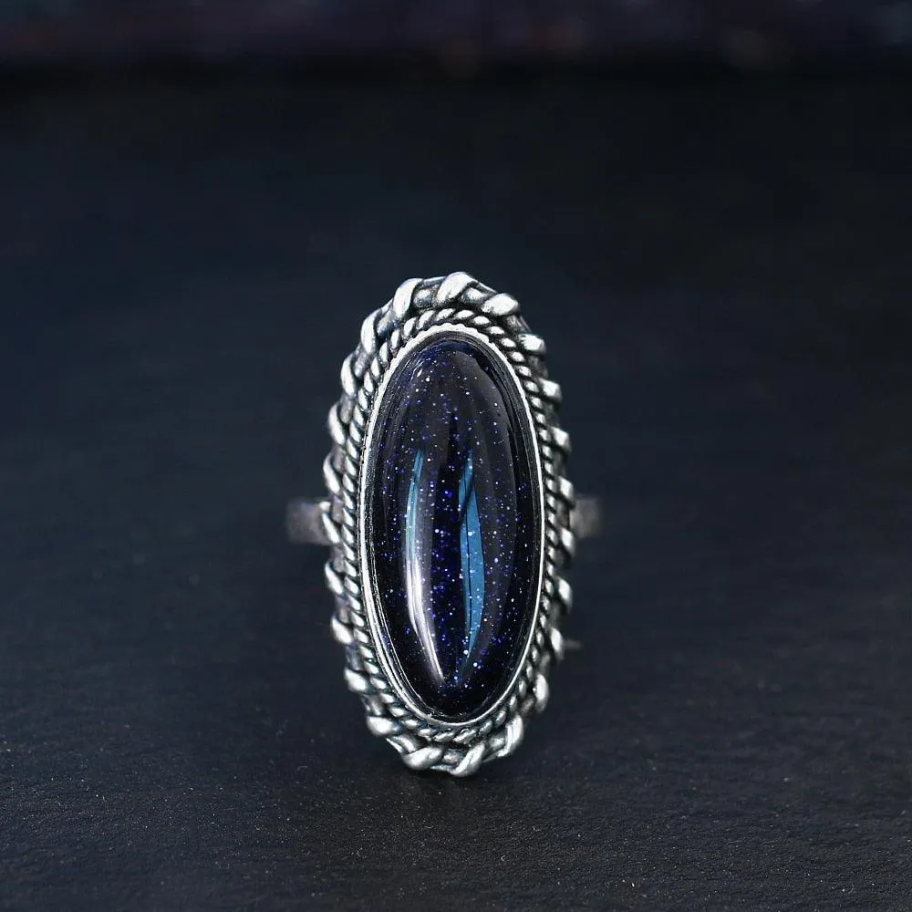 Vintage Silver Blue Sand Hollow Elegant Ring
