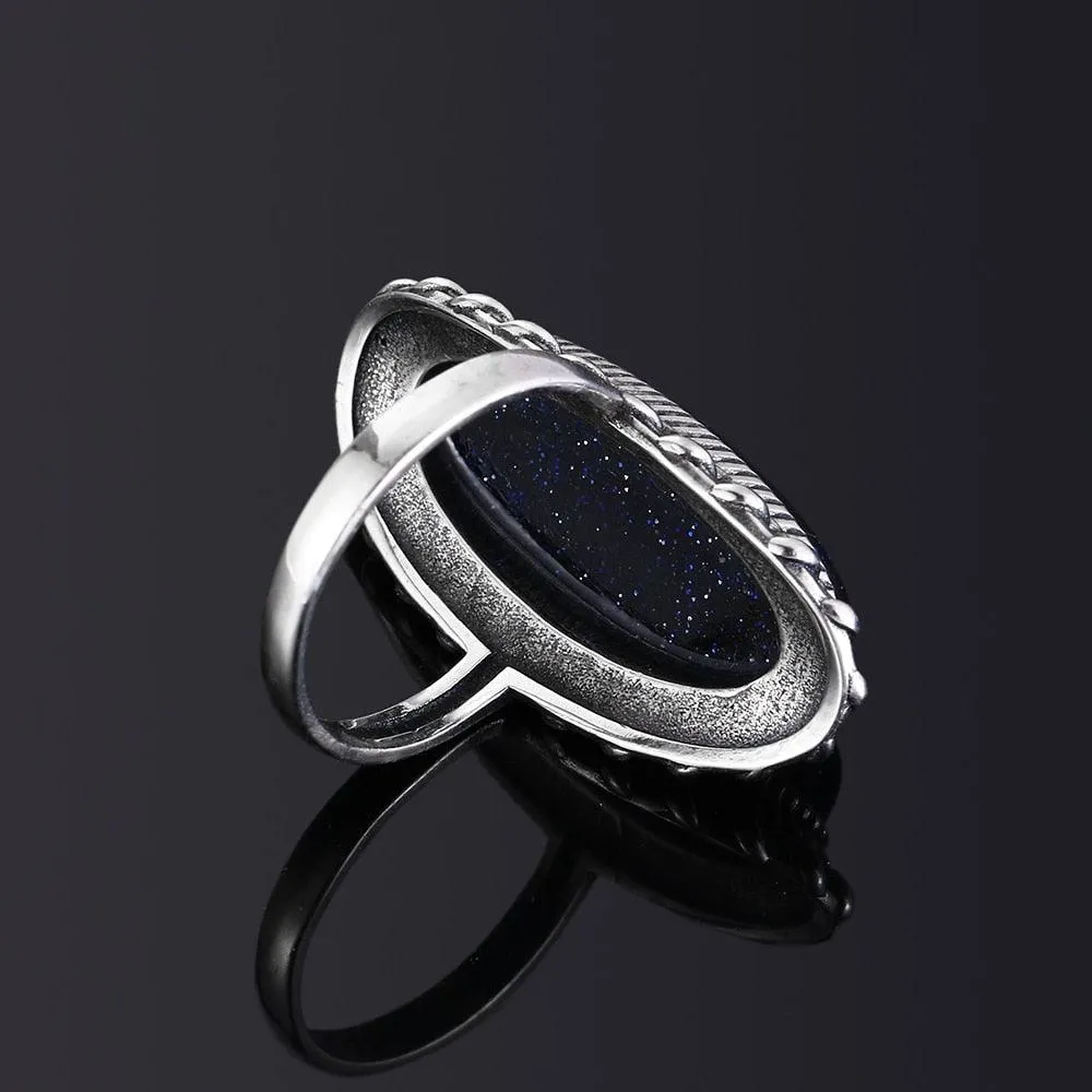 Vintage Silver Blue Sand Hollow Elegant Ring