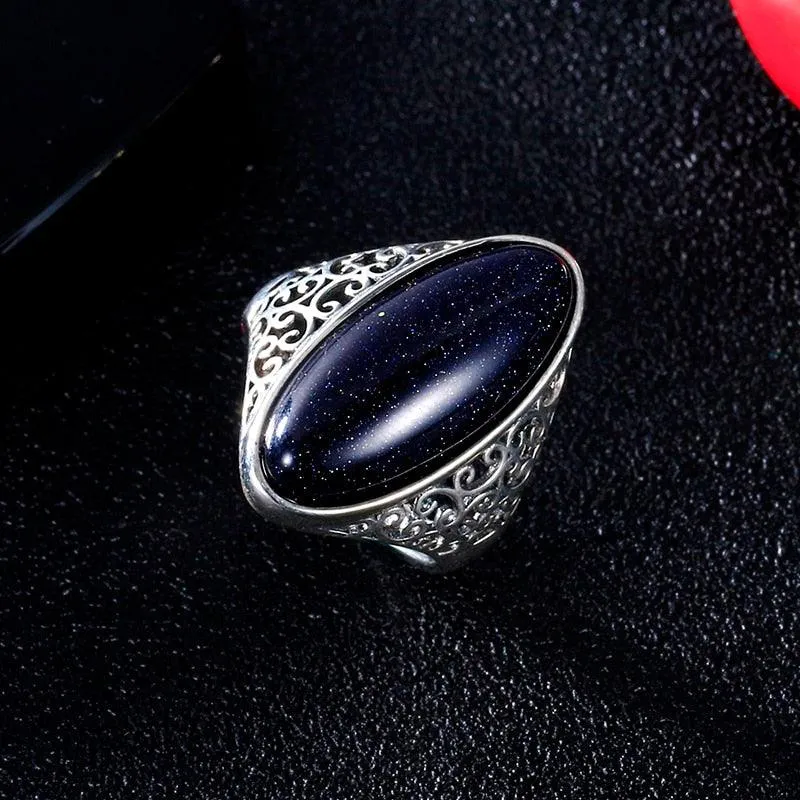 Vintage Silver Blue Sand Hollow Elegant Ring