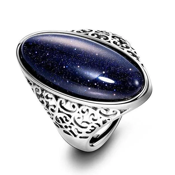 Vintage Silver Blue Sand Hollow Elegant Ring
