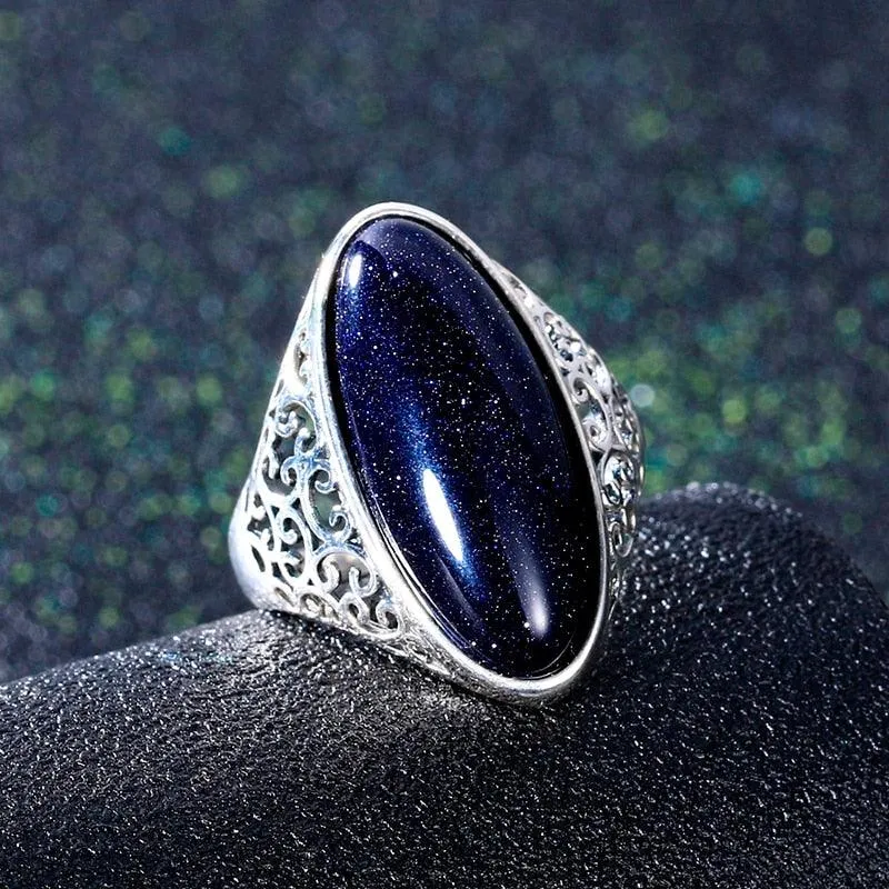 Vintage Silver Blue Sand Hollow Elegant Ring