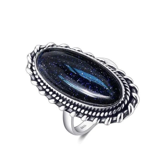 Vintage Silver Blue Sand Hollow Elegant Ring