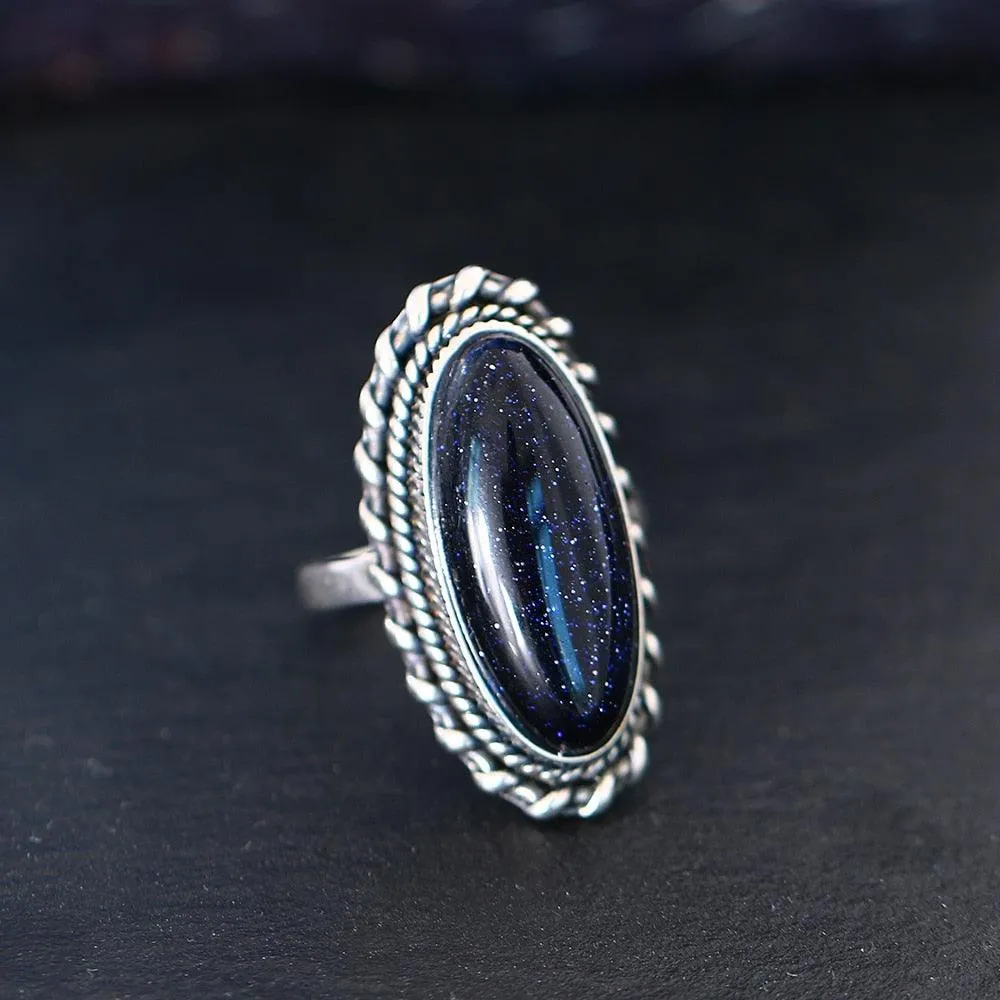 Vintage Silver Blue Sand Hollow Elegant Ring