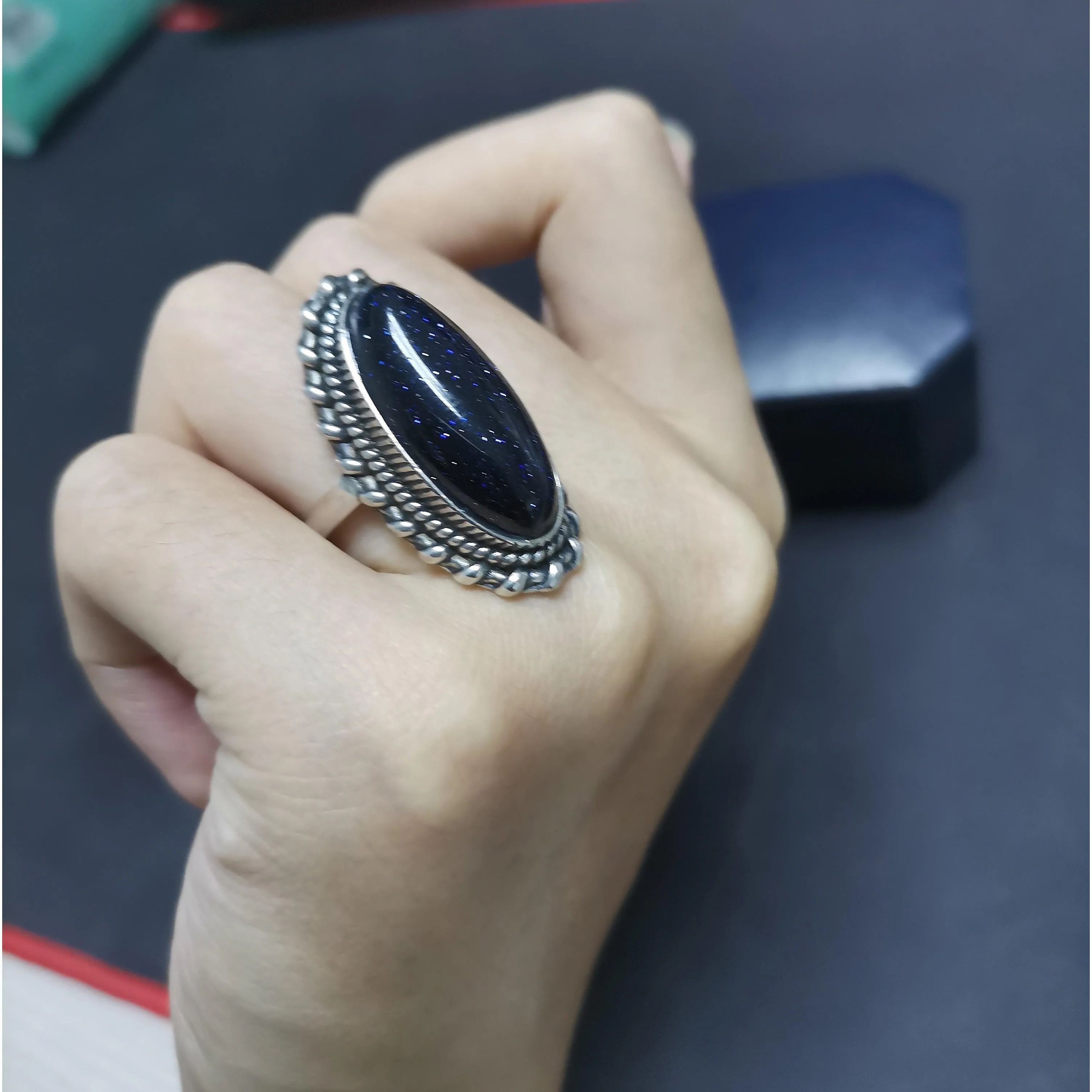 Vintage Silver Blue Sand Hollow Elegant Ring