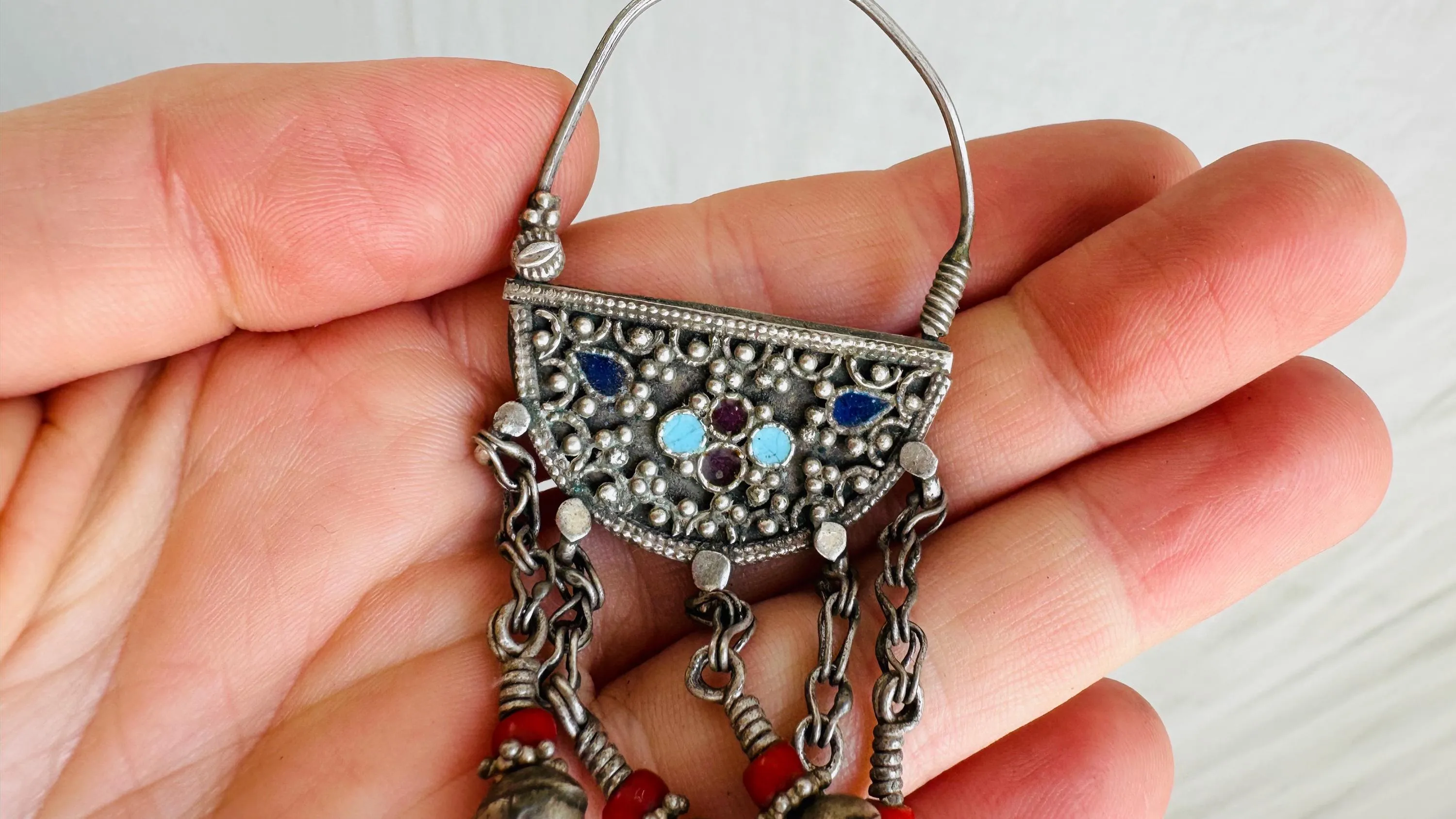 Vintage Uzbek Bukhara Earrings. Sterling Silver and Enamel. 0686