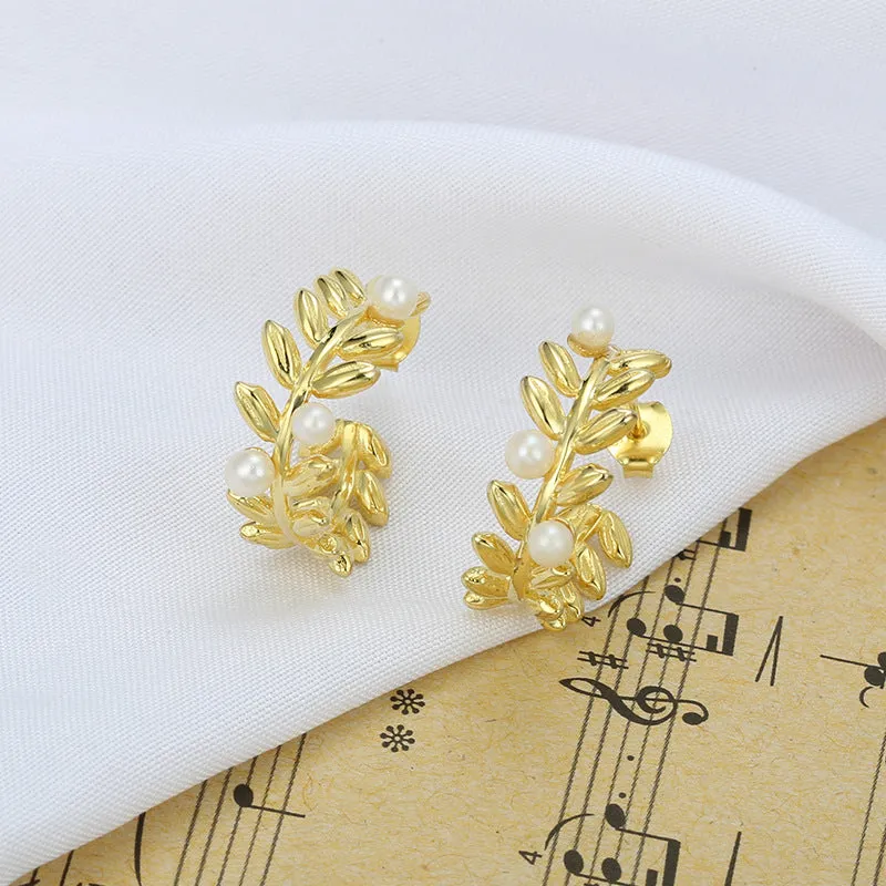 Wheat Branches with Freshwater Pearl Silver Studs Earrings for Women